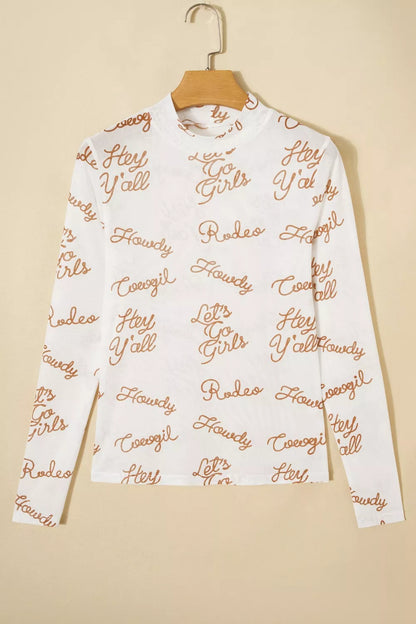 Howdy Hey Yall Mesh High Neck Long Sleeve Top