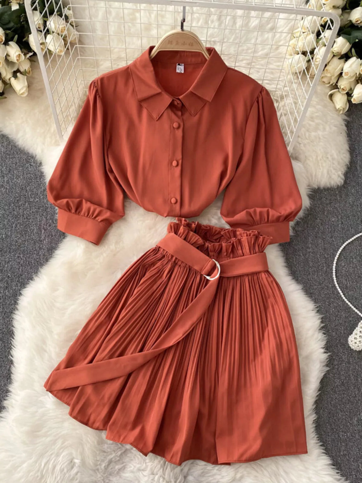 Puff Sleeve Shirt and Pleated Skirt Set