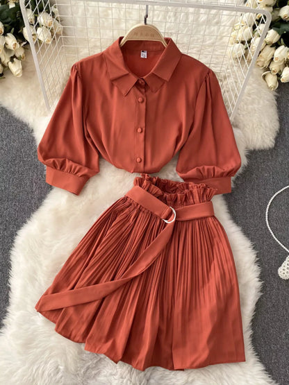 Puff Sleeve Shirt and Pleated Skirt Set
