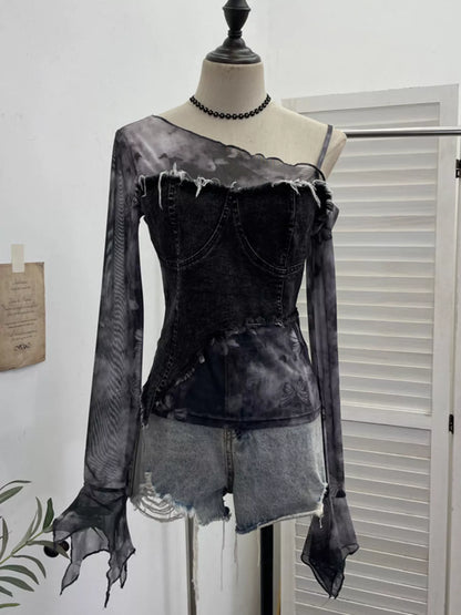 Asymmetrical Neck Denim Patchwork Top