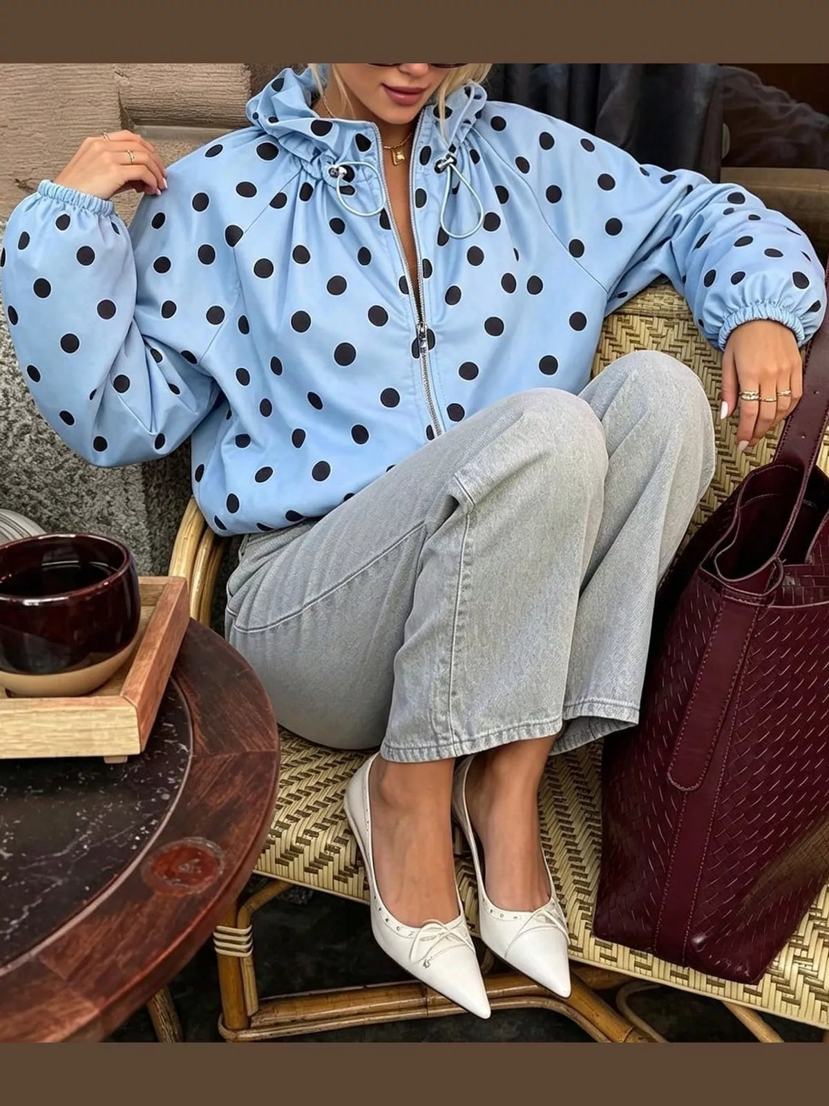 Polka Dot Zip Up Hooded Jacket