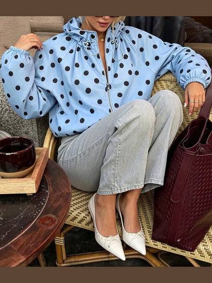 Polka Dot Zip Up Hooded Jacket