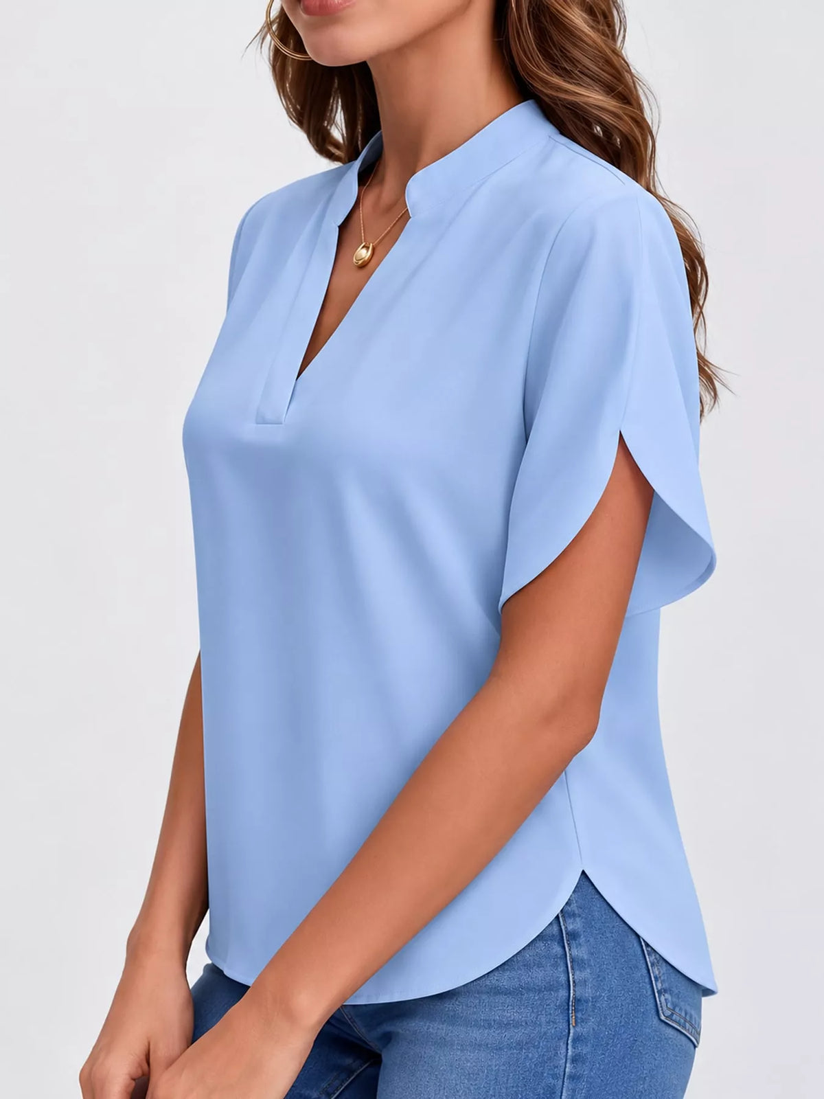 Notched Slit Short Sleeve Blouse