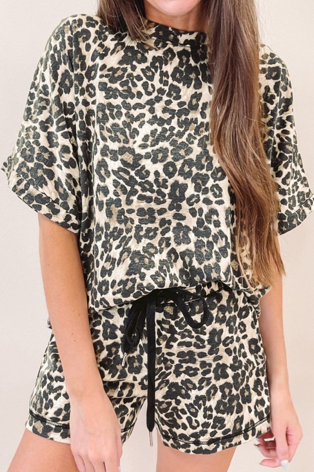 Leopard Round Neck Top And Shorts Set