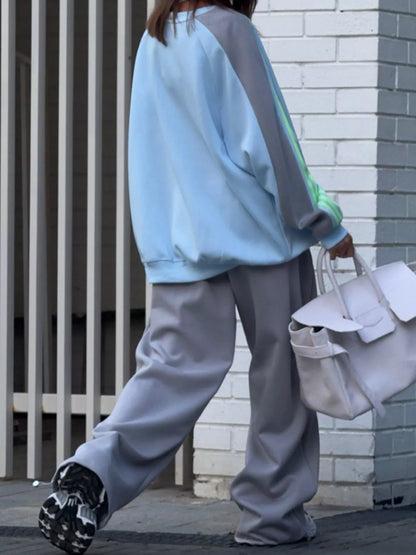 Color-Block Graphic Sweatshirt and Wide-Leg Pants Set