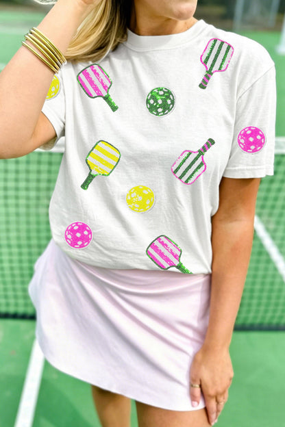 White Sequin Pickleball Graphic Casual T Shirt
