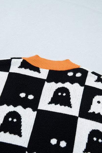 Black Geometric Ghost Print Drop Shoulder Knit Cardigan
