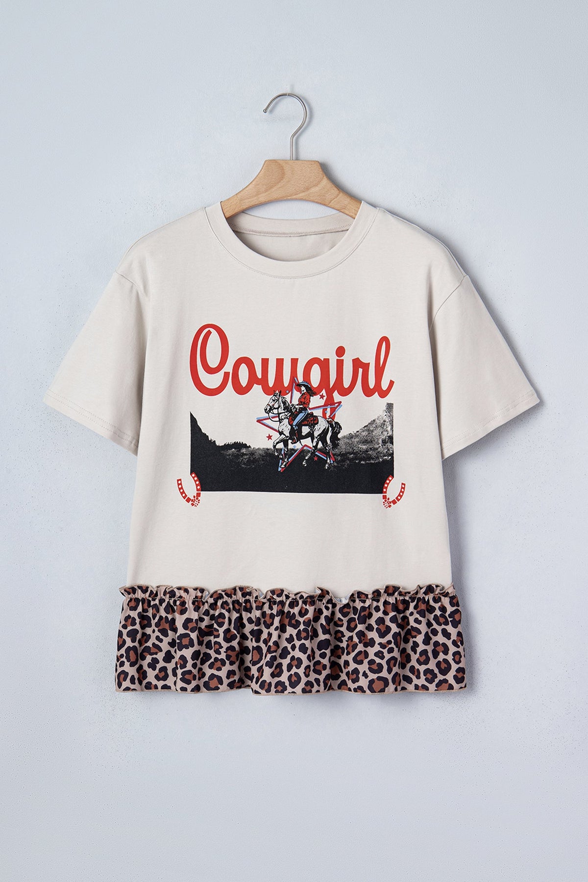 White Retro Cowgirl Print Leopard Ruffle Hem Patchwork T Shirt
