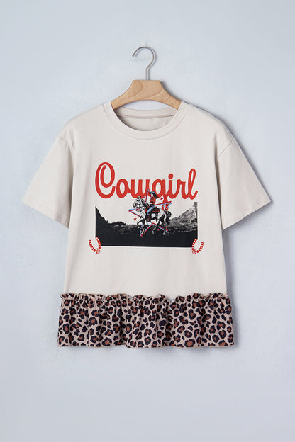White Retro Cowgirl Print Leopard Ruffle Hem Patchwork T Shirt