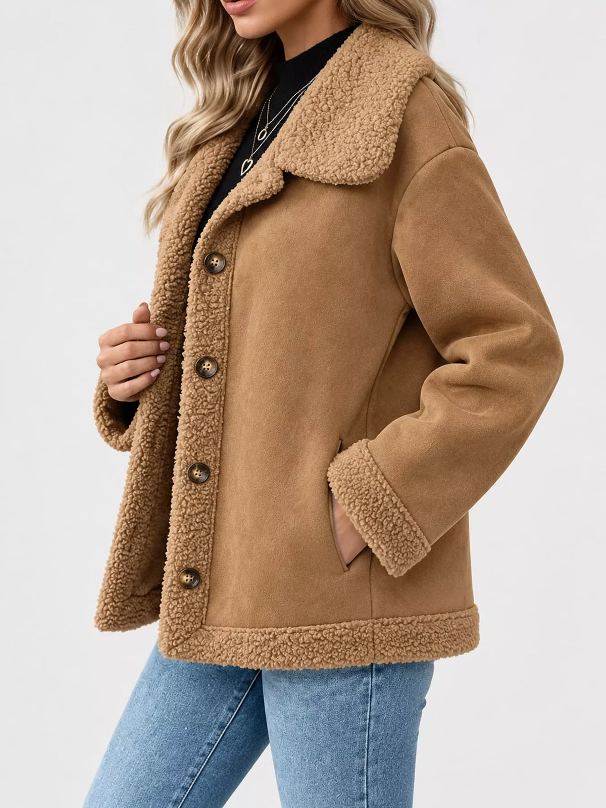 Full Size Cozy Faux Suede Sherpa-Lined Button-Down Jacket Plus Size