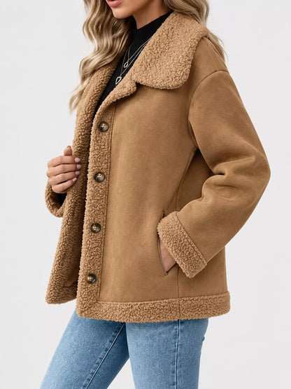 Full Size Cozy Faux Suede Sherpa-Lined Button-Down Jacket Plus Size