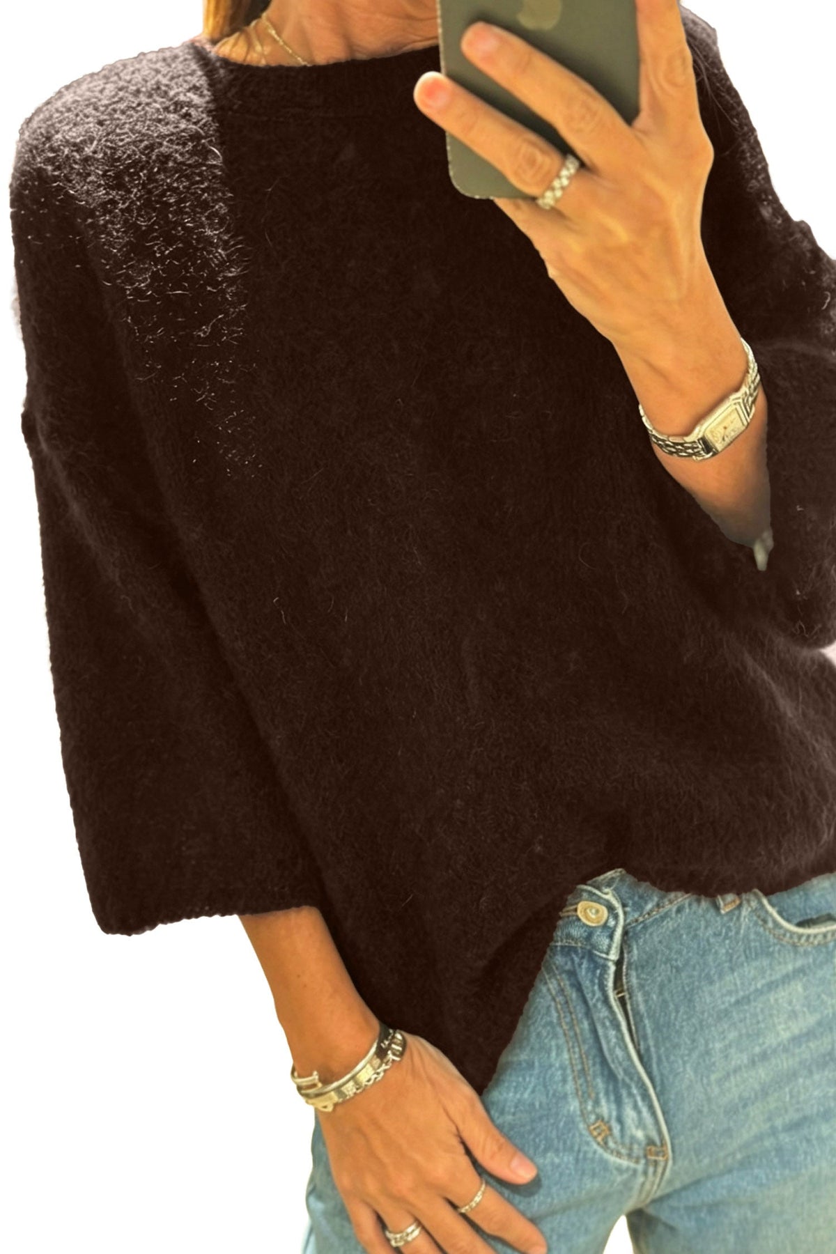 White Solid Color Knit Half Sleeve Round Neck Shift Sweater
