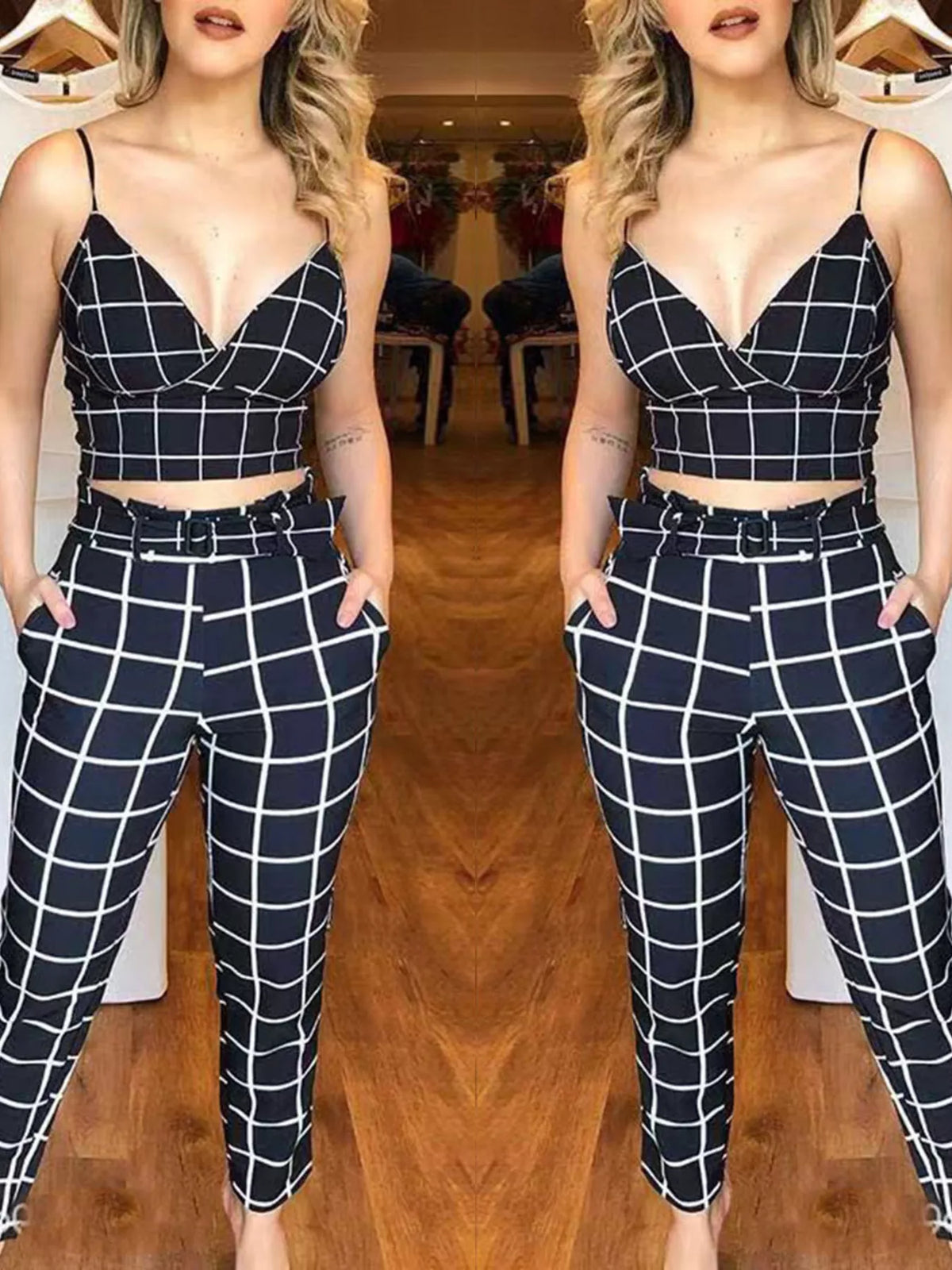 Grid Print Crop Top and Pants Set