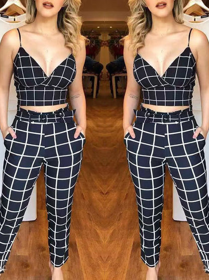 Grid Print Crop Top and Pants Set