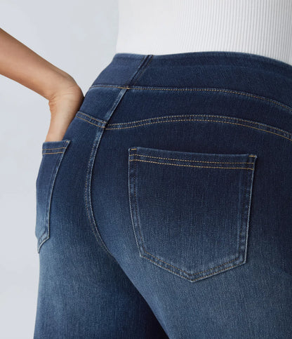High Waisted Multiple Pockets Baggy Wide Leg Washed Stretchy Knit Casual Jeans