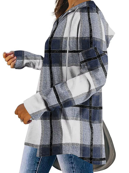 Plaid Long Sleeve Hoodie with Drawstring