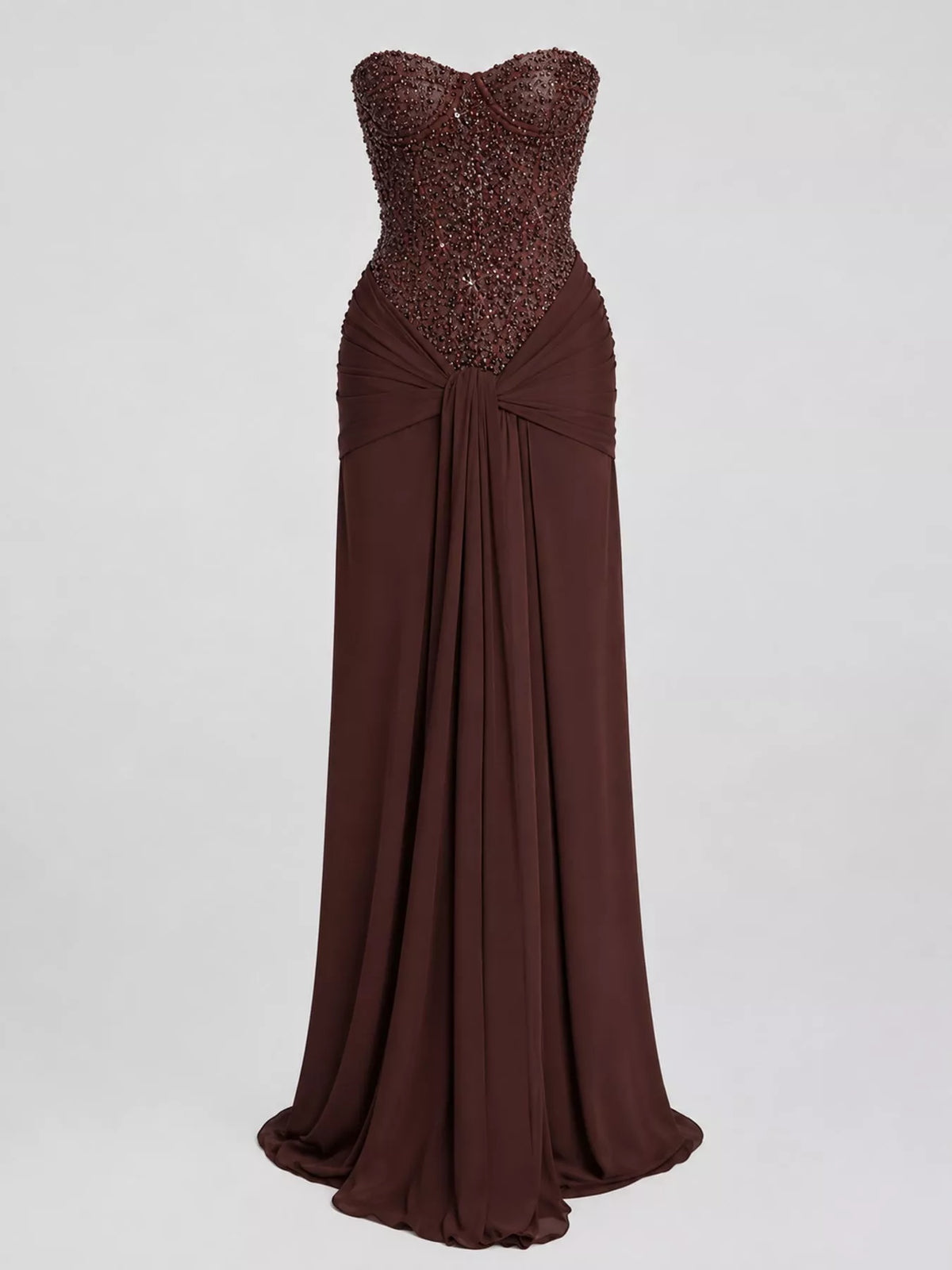 Elegant Strapless Sequin Corset Maxi Dress with Draped Waist Detail