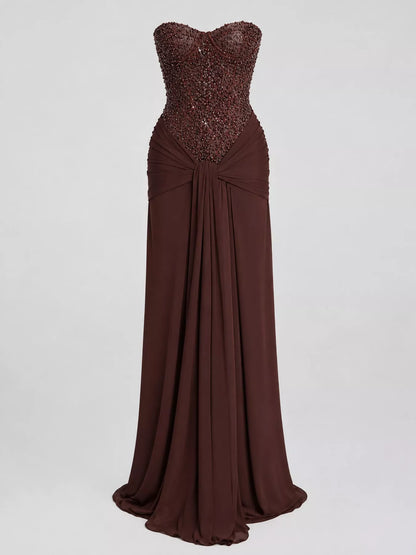 Elegant Strapless Sequin Corset Maxi Dress with Draped Waist Detail