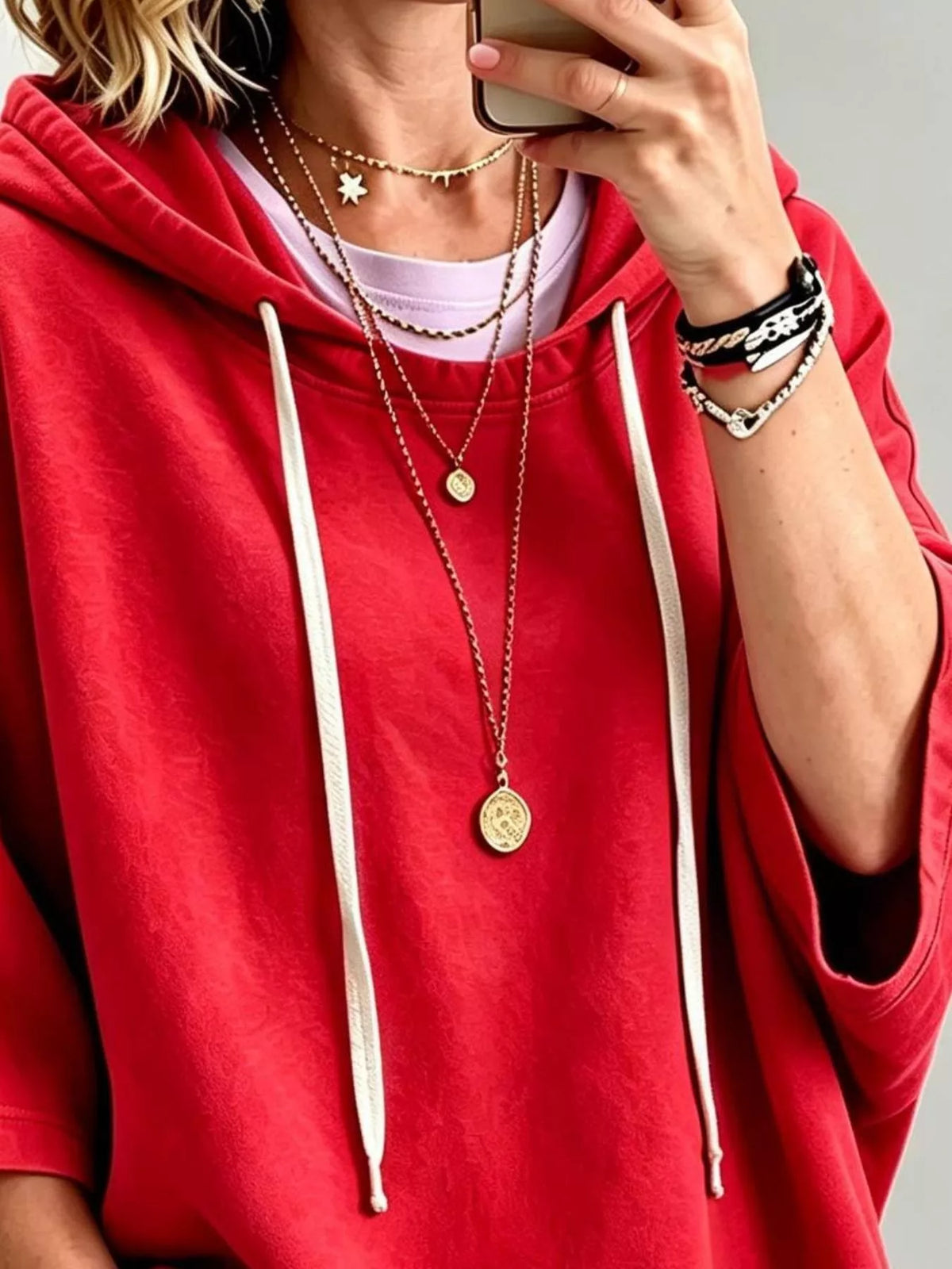 Drawstring 3/4 Sleeve Hoodie