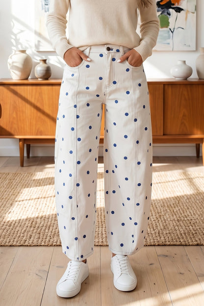 Pink Polka Dot Print Seam Detail Barrel Jeans