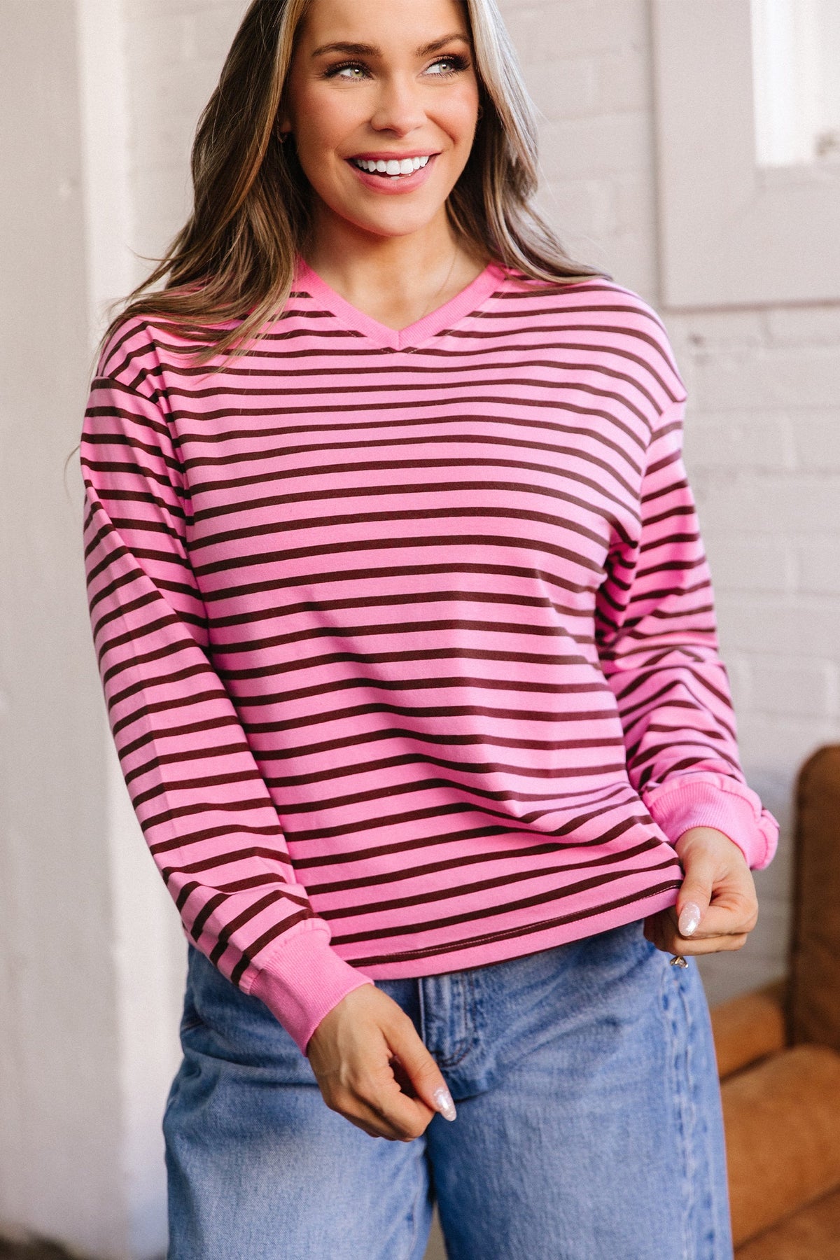 Pink Stripe V Neck Long Sleeve Drop Shoulder Blouse