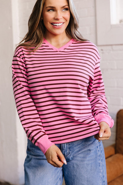 Pink Stripe V Neck Long Sleeve Drop Shoulder Blouse
