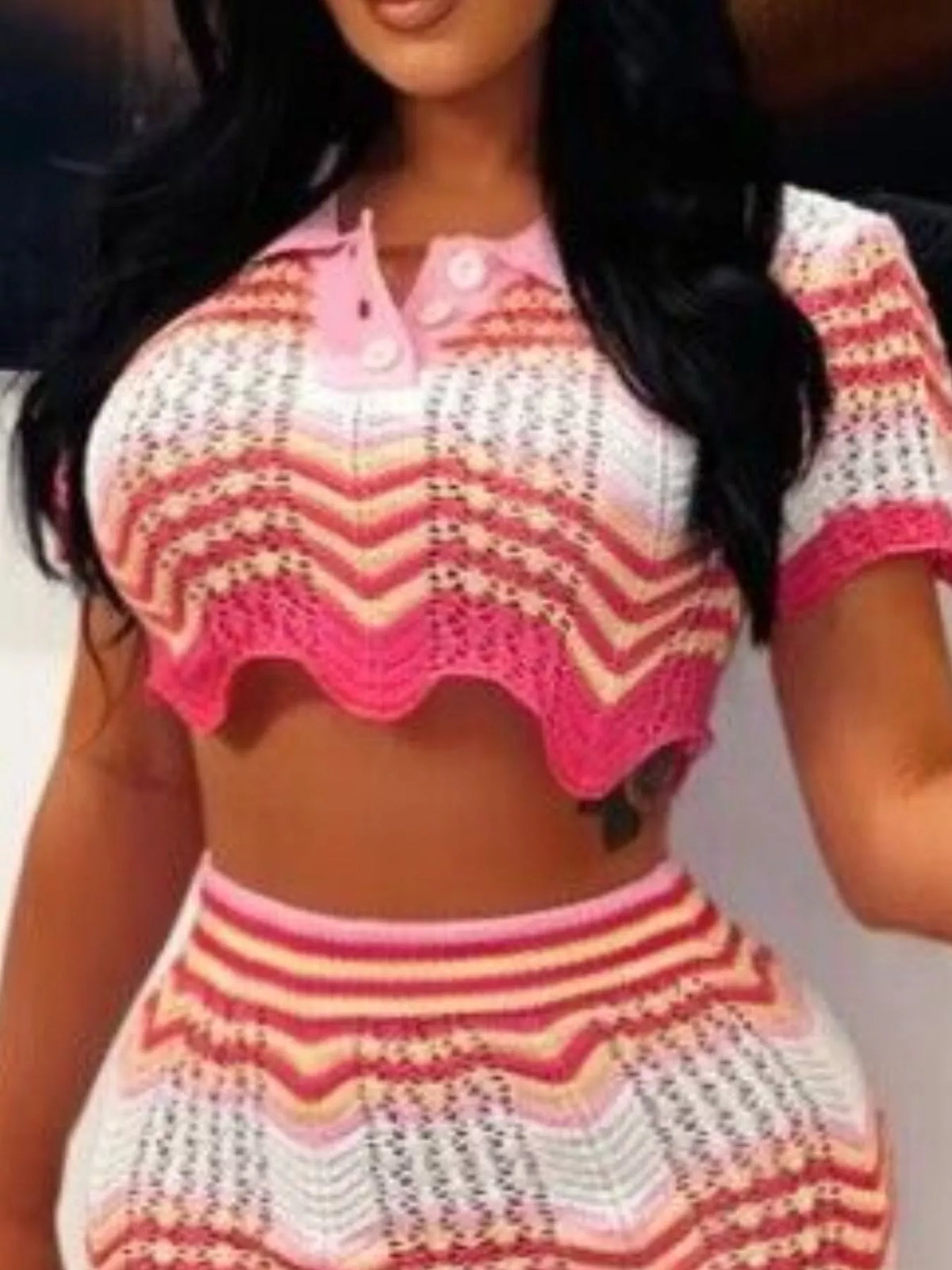 Chevron Knit Polo Crop Top and Mini Skirt Set