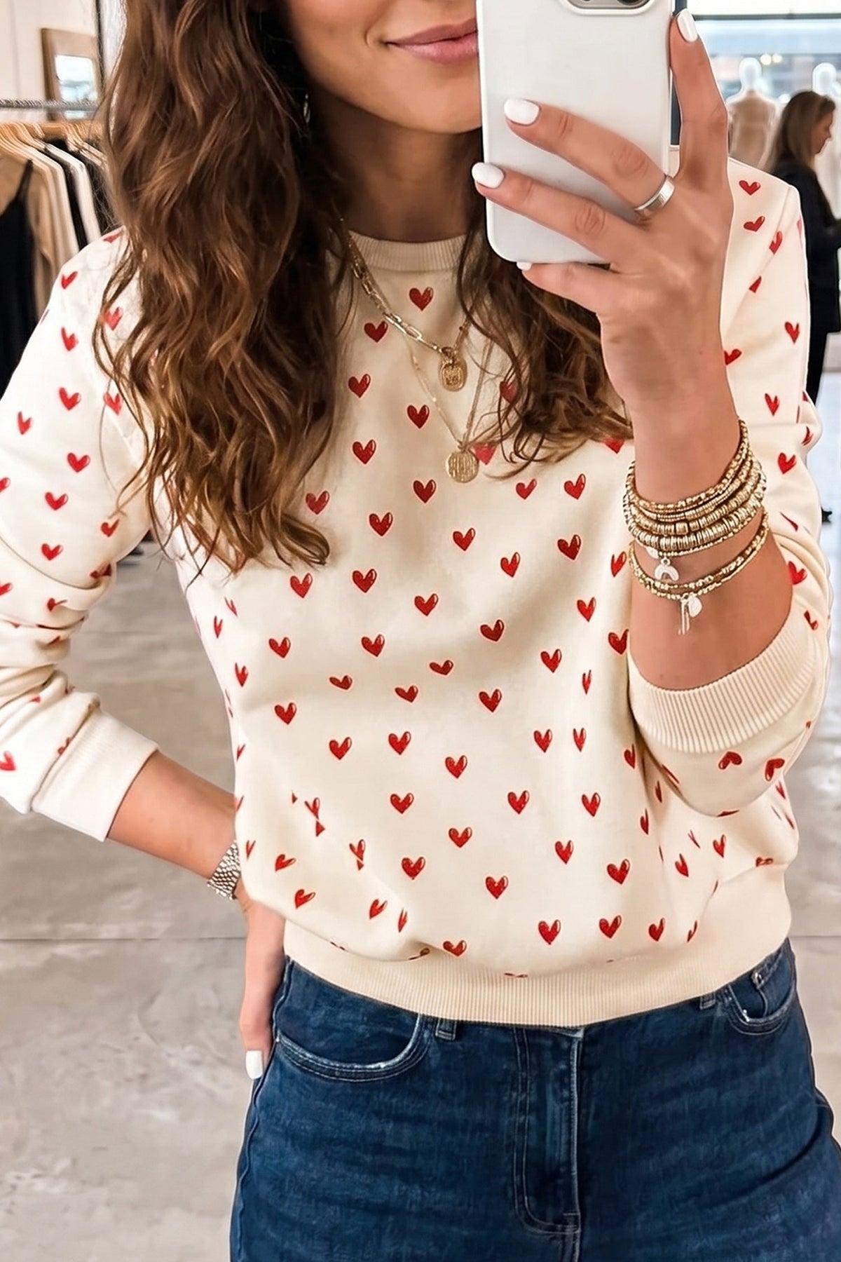 Beige Heart Print Round Neck Long Sleeve Regular Fit Sweatshirt
