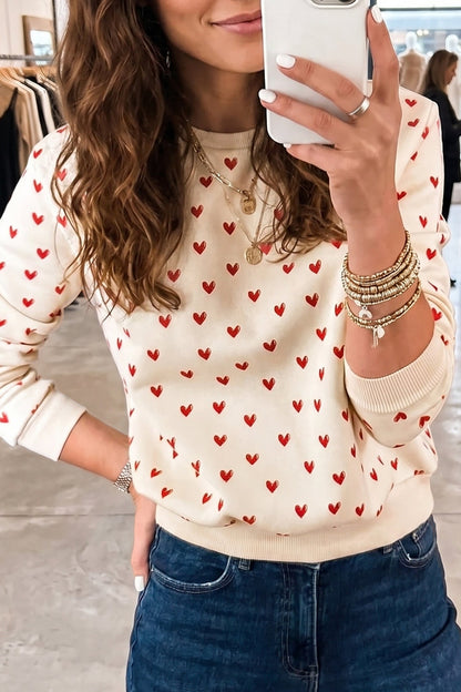 Beige Heart Print Round Neck Long Sleeve Regular Fit Sweatshirt