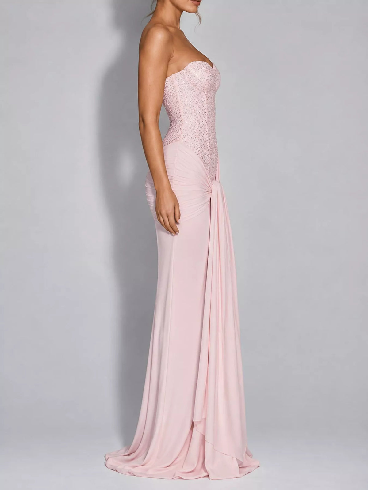 Elegant Strapless Sequin Corset Maxi Dress with Draped Waist Detail
