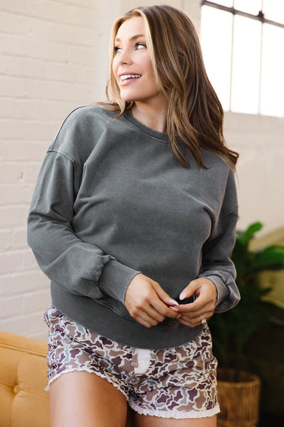 Medium Grey Solid Round Neck Long Sleeve Ribbed Cuff Loose Sweatshirt