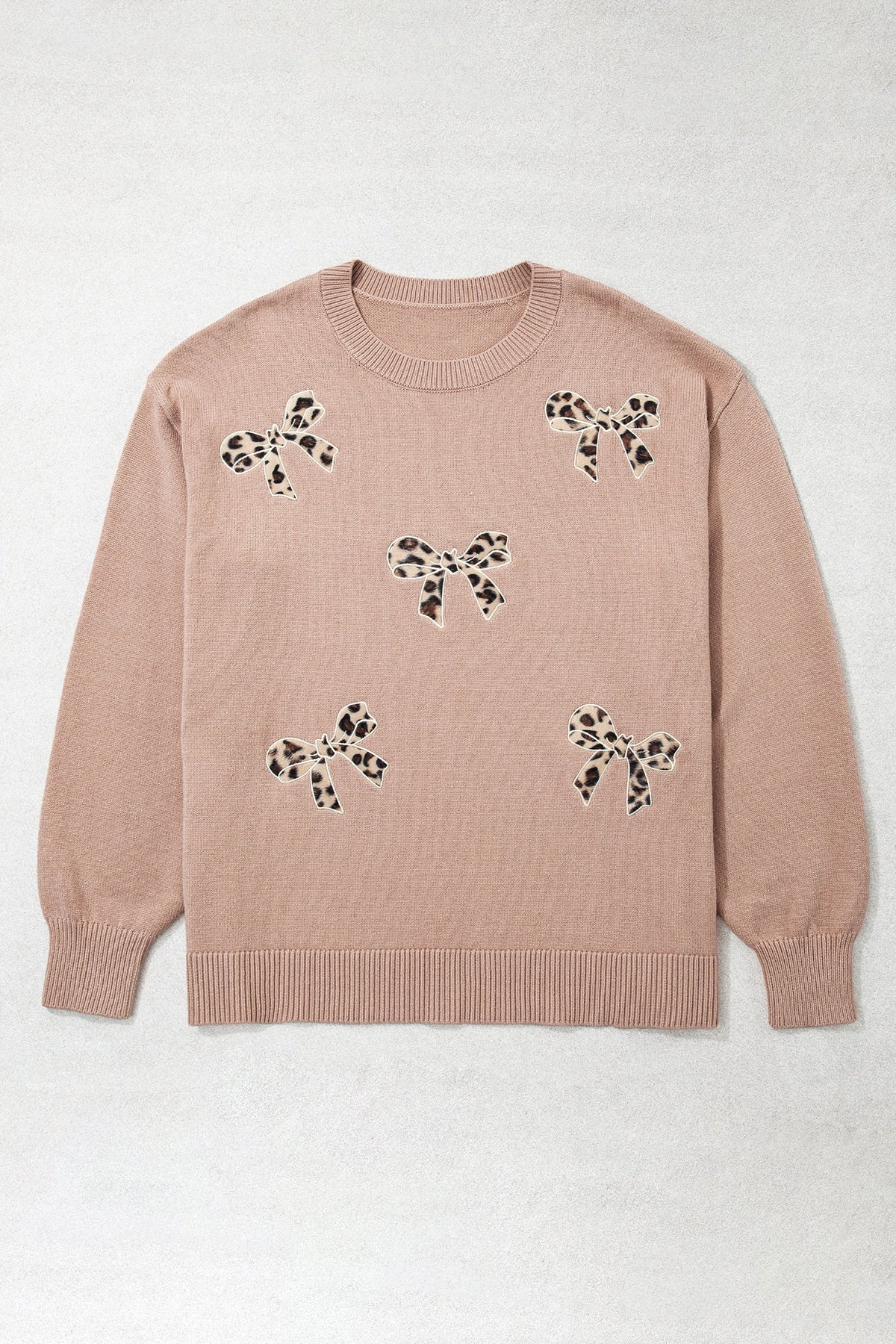 Dark Khaki Leopard Bow Embroidery Drop Shoulder Tunic Plus Size Sweater