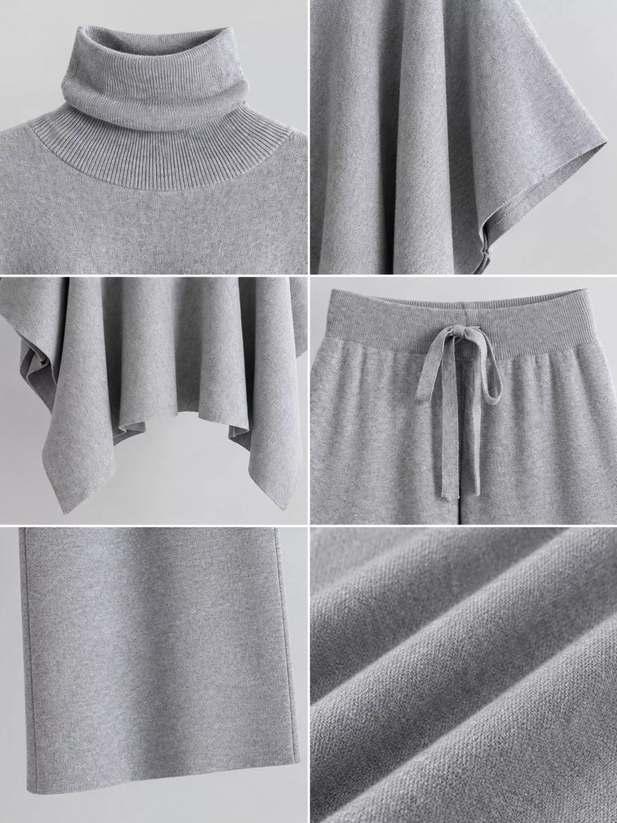 Turtleneck Poncho Pants Set with Wide-Leg Knit Pants