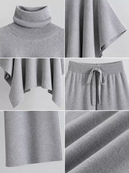 Turtleneck Poncho Pants Set with Wide-Leg Knit Pants