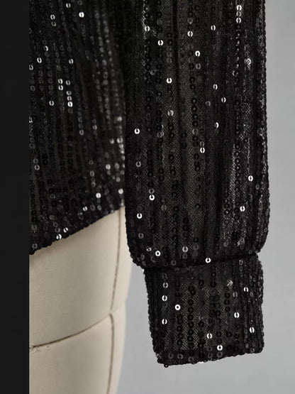 Full Size Sequin Button Up Long Sleeve Shirt Plus Size