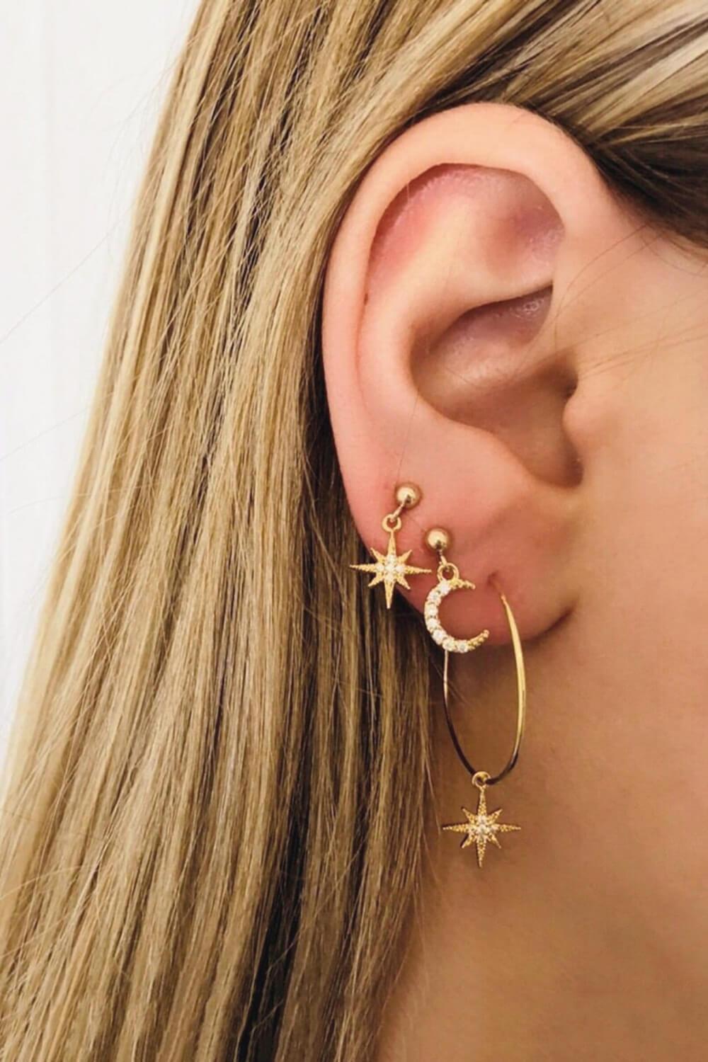 2-Pair Moon and Star Drop Earrings