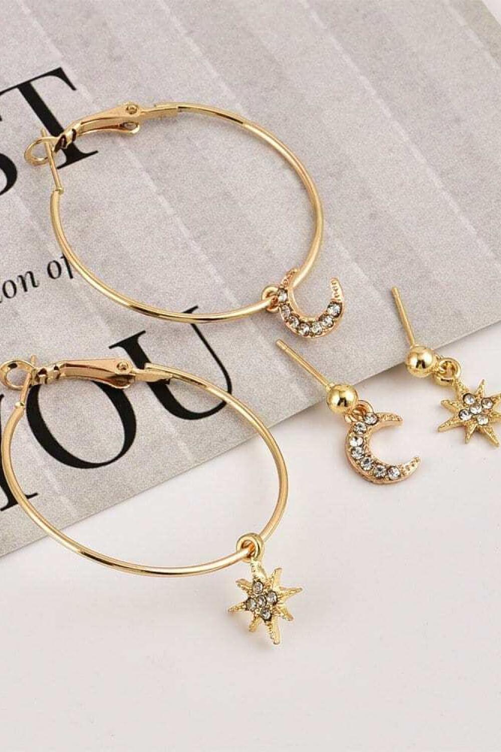 2-Pair Moon and Star Drop Earrings