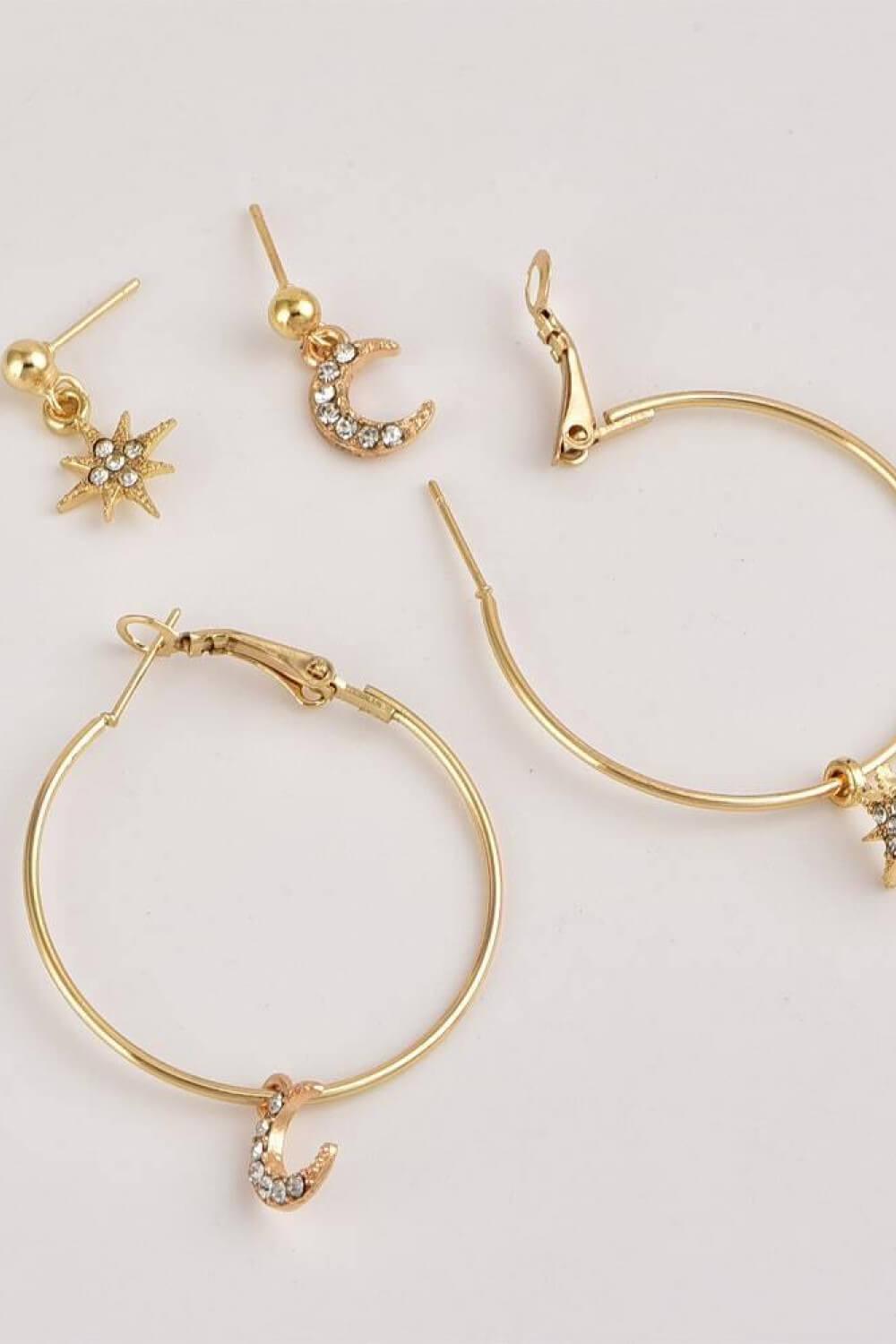 2-Pair Moon and Star Drop Earrings