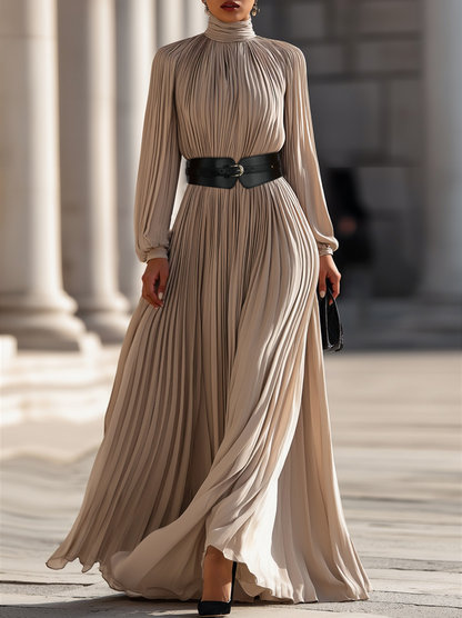 Pleated High-Neck Maxi Dress Beige