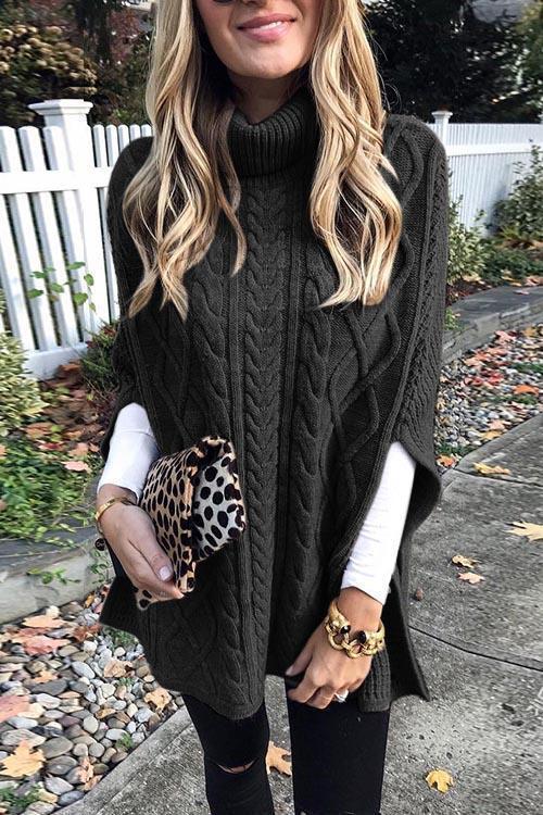 Clidresse Turtleneck Cable Cloak Poncho Sweater