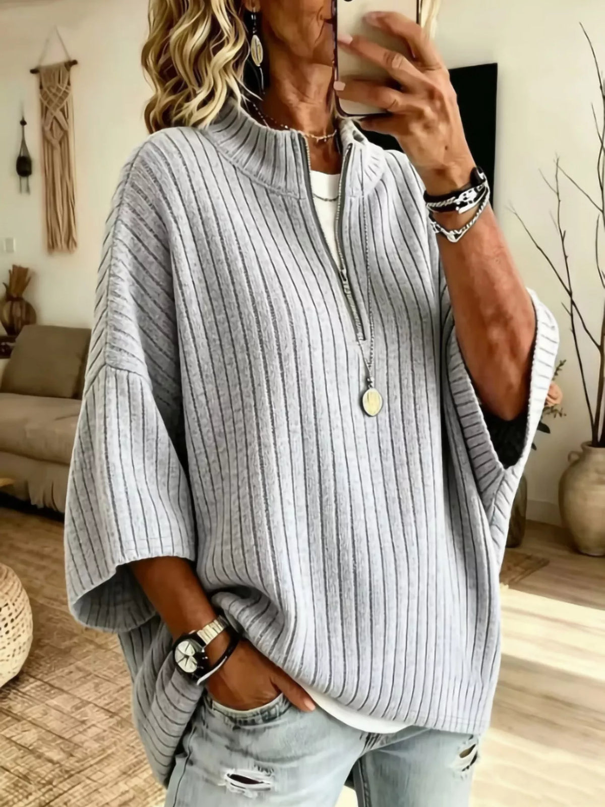 Half-Zip Ribbed Knit Top