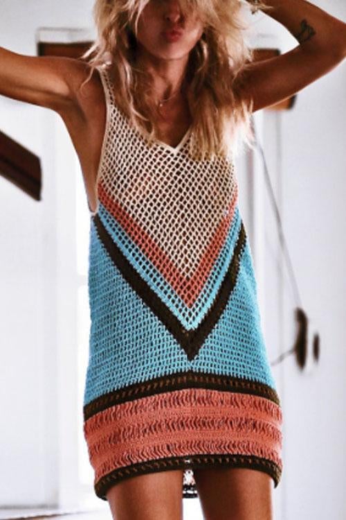 Color Block Hollow Out Beach Cover Up Blue