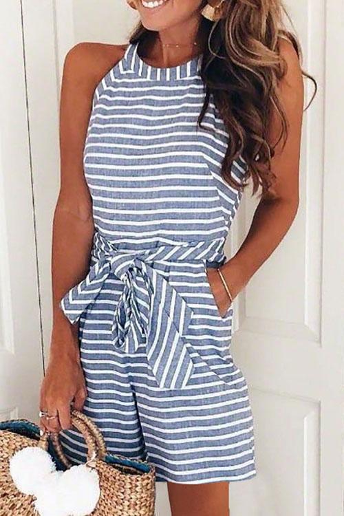 Bow-knot Sleeveless Striped Romper Blue