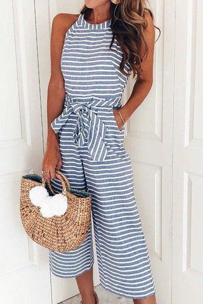 Crewneck Sleeveless Striped Bow-Knot Wide Leg Jumpsuit Blue