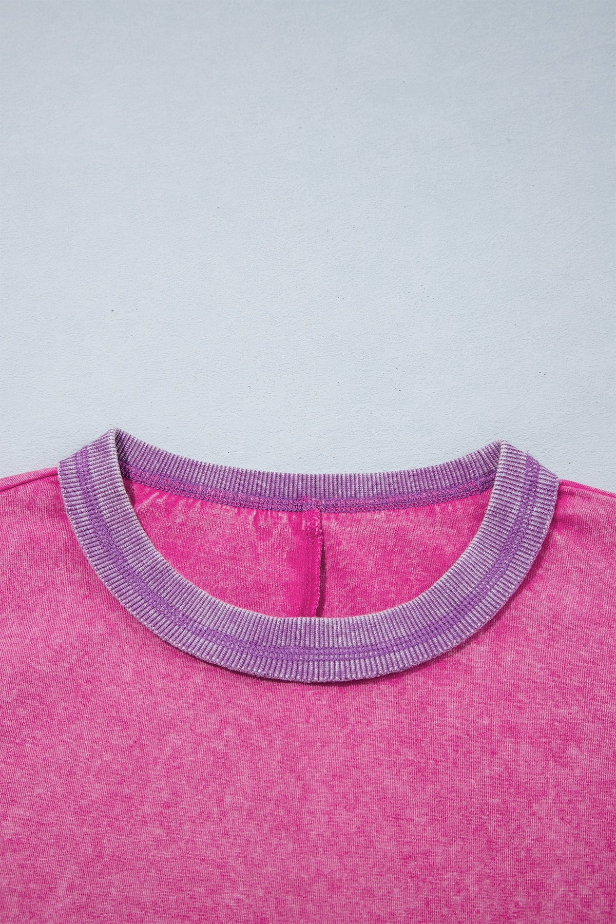 Strawberry Pink Mineral Wash Color Block Trim Bracelet Sleeve Pullover Top