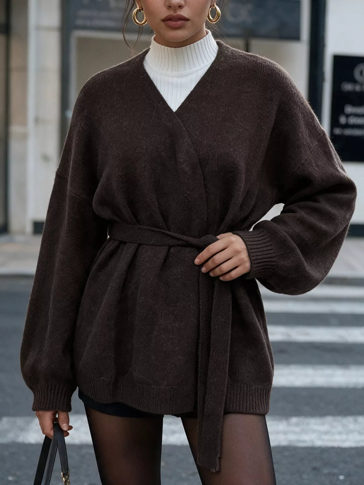 Tie Waist Dropped Shoulder Wrap Cardigan