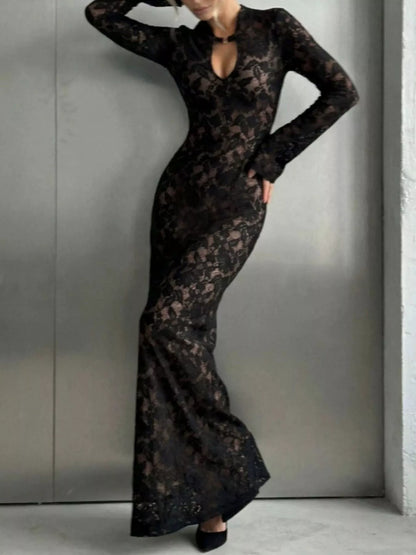 Lace Long-Sleeve Bodycon Maxi Dress