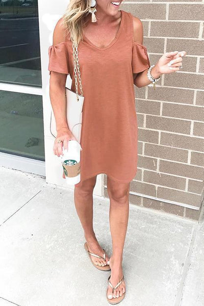 V Neck Cold Shoulder Solid T Shirt Dress