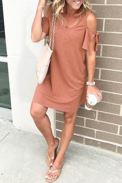 V Neck Cold Shoulder Solid T Shirt Dress Red