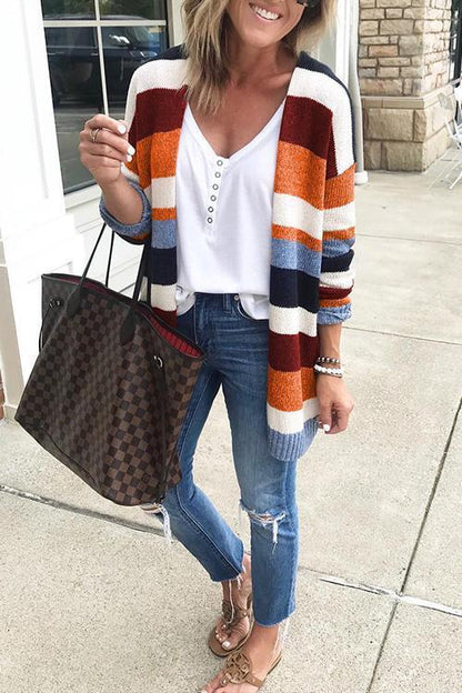 Rainbow Stripes Open Front Cozy Sweater Cardigan